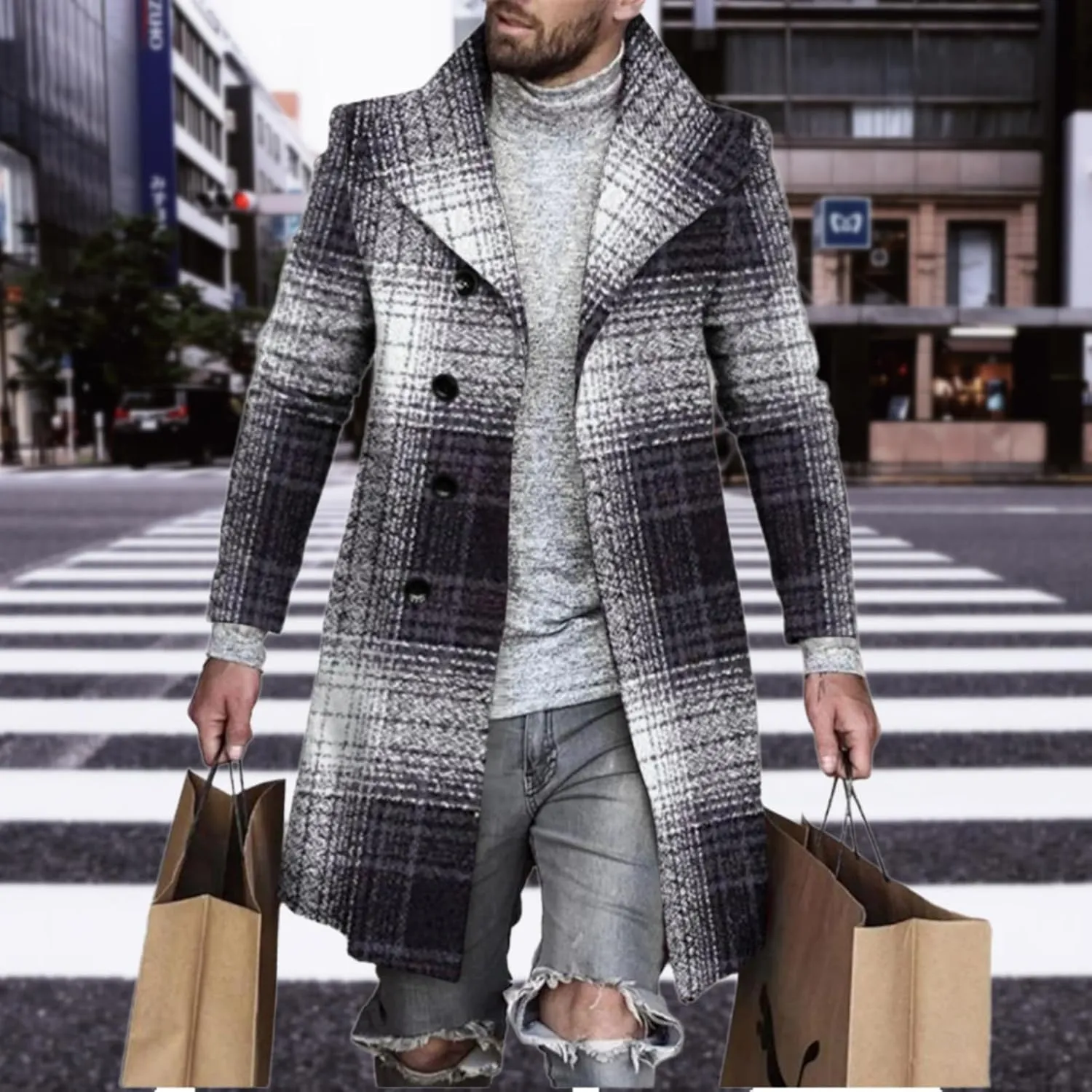 Plaid Trench Coat for Mens Lapel Single Breasted Slim Jacket Overcoat Vintage Graphic Wool Blend Formal Pea Coats