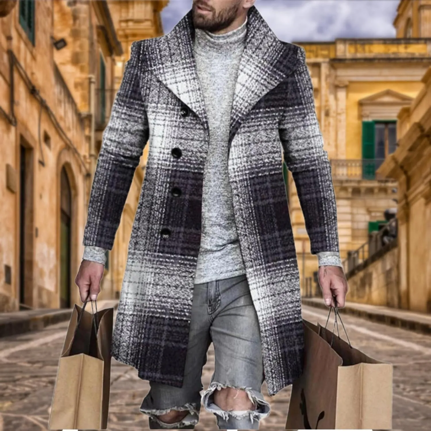 Plaid Trench Coat for Mens Lapel Single Breasted Slim Jacket Overcoat Vintage Graphic Wool Blend Formal Pea Coats