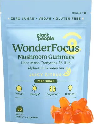 Plant People WonderFocus Mushroom Gummies with Lion’s Mane & Cordyceps - Nootropic Brain Supplement Boosts Memory, Focus, Energy & Mood in Adults | No Sugar, 100% Vegan, Citrus Flavor, 60 Count