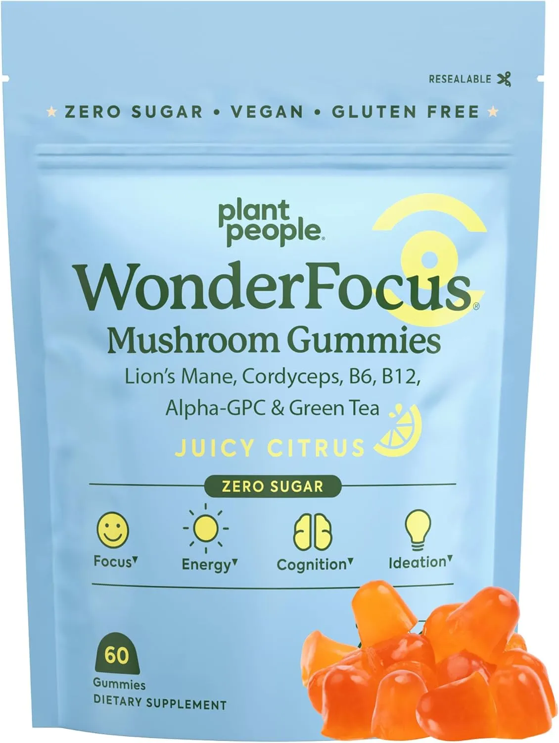 Plant People WonderFocus Mushroom Gummies with Lion’s Mane & Cordyceps - Nootropic Brain Supplement Boosts Memory, Focus, Energy & Mood in Adults | No Sugar, 100% Vegan, Citrus Flavor, 60 Count