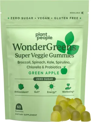Plant People WonderGreens Veggie Gummies Super Greens with Probiotics Multivitamin Support Gummy for Wellbeing, Energy, Immune and Gut Health, Green Apple Flavor (60 Count)