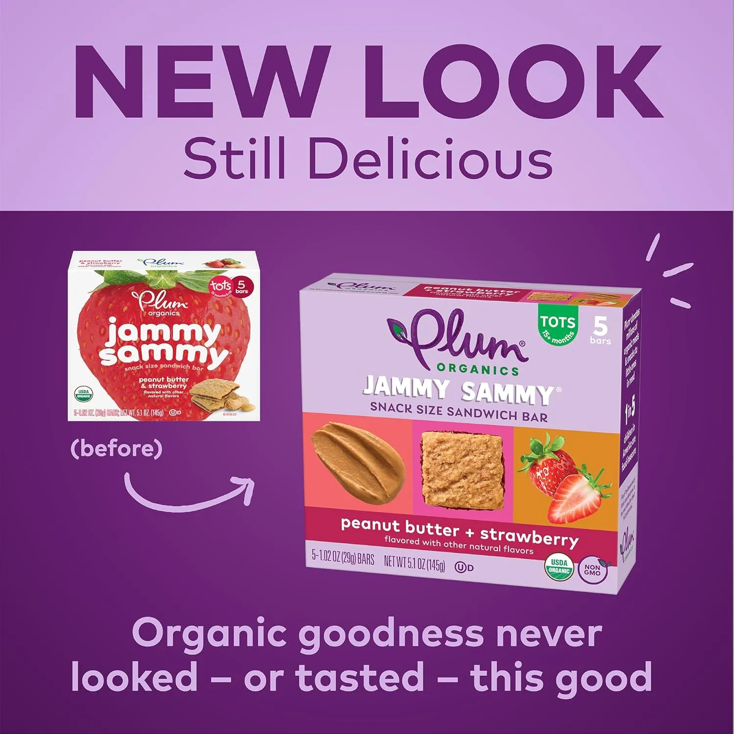 Plum Organics Jammy Sammy Snack Bars - Peanut Butter and Strawberry - 1.02 oz Bars (Pack of 30) - Organic Toddler Food Snack Bars
