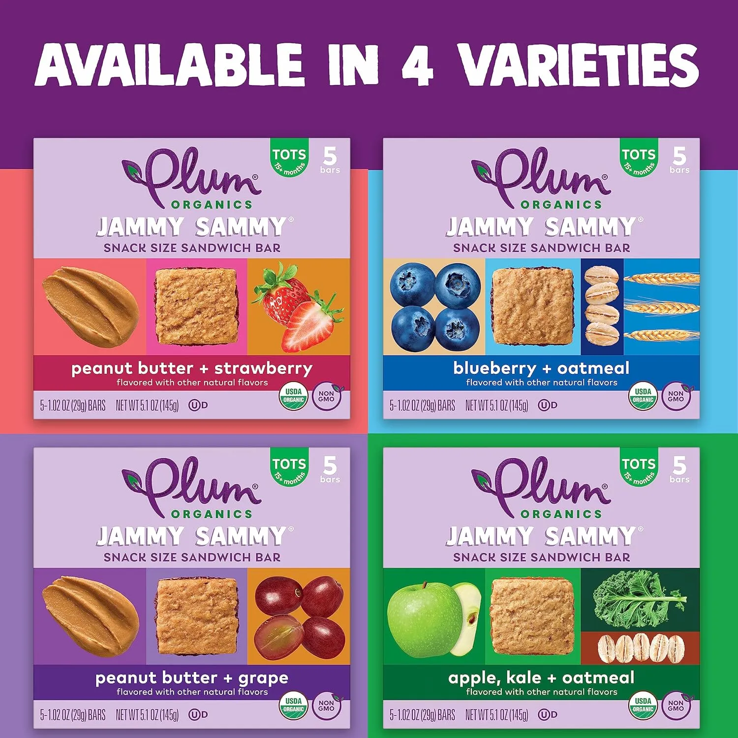Plum Organics Jammy Sammy Snack Bars - Peanut Butter and Strawberry - 1.02 oz Bars (Pack of 30) - Organic Toddler Food Snack Bars