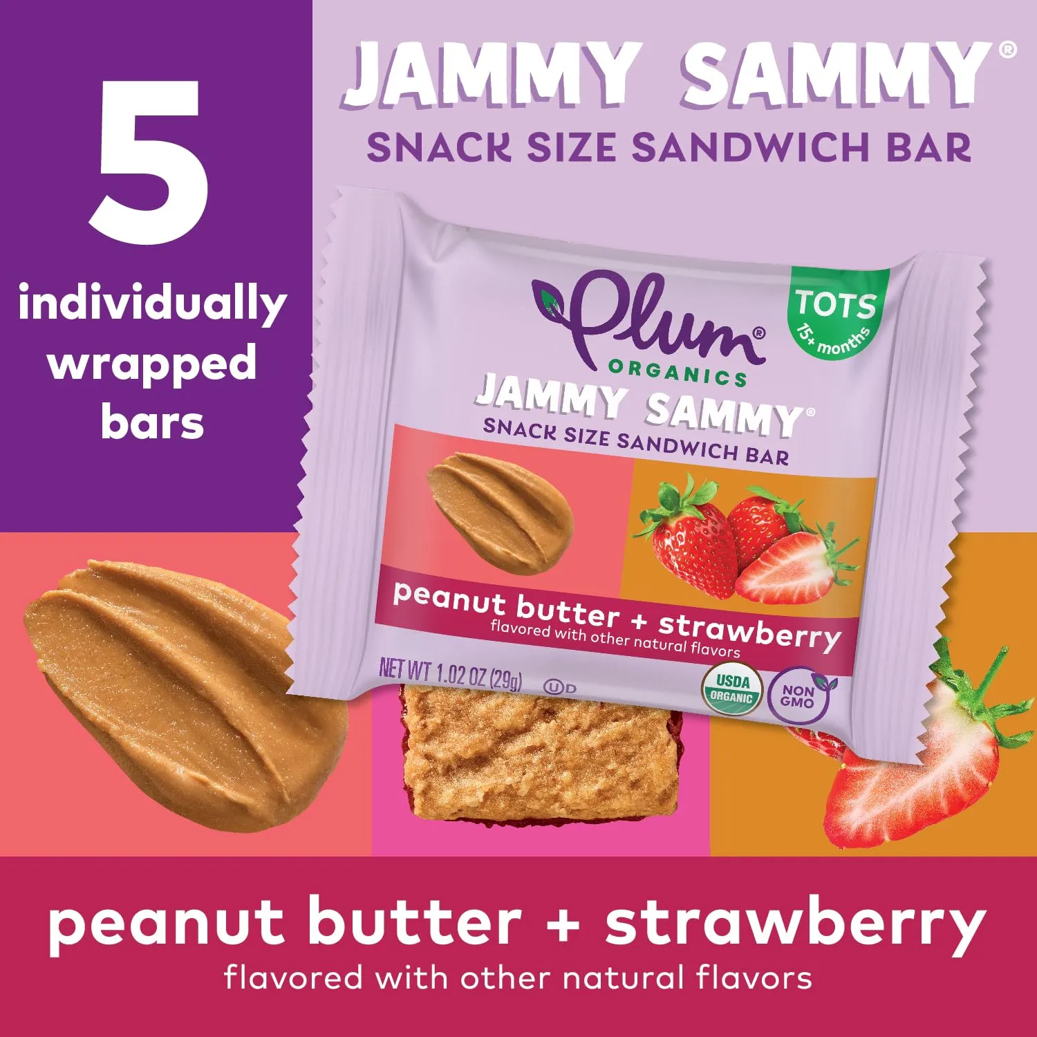 Plum Organics Jammy Sammy Snack Bars - Peanut Butter and Strawberry - 1.02 oz Bars (Pack of 30) - Organic Toddler Food Snack Bars