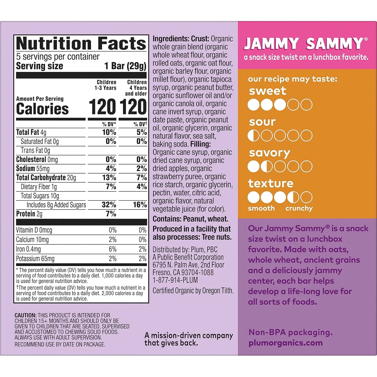Plum Organics Jammy Sammy Snack Bars - Peanut Butter and Strawberry - 1.02 oz Bars (Pack of 30) - Organic Toddler Food Snack Bars