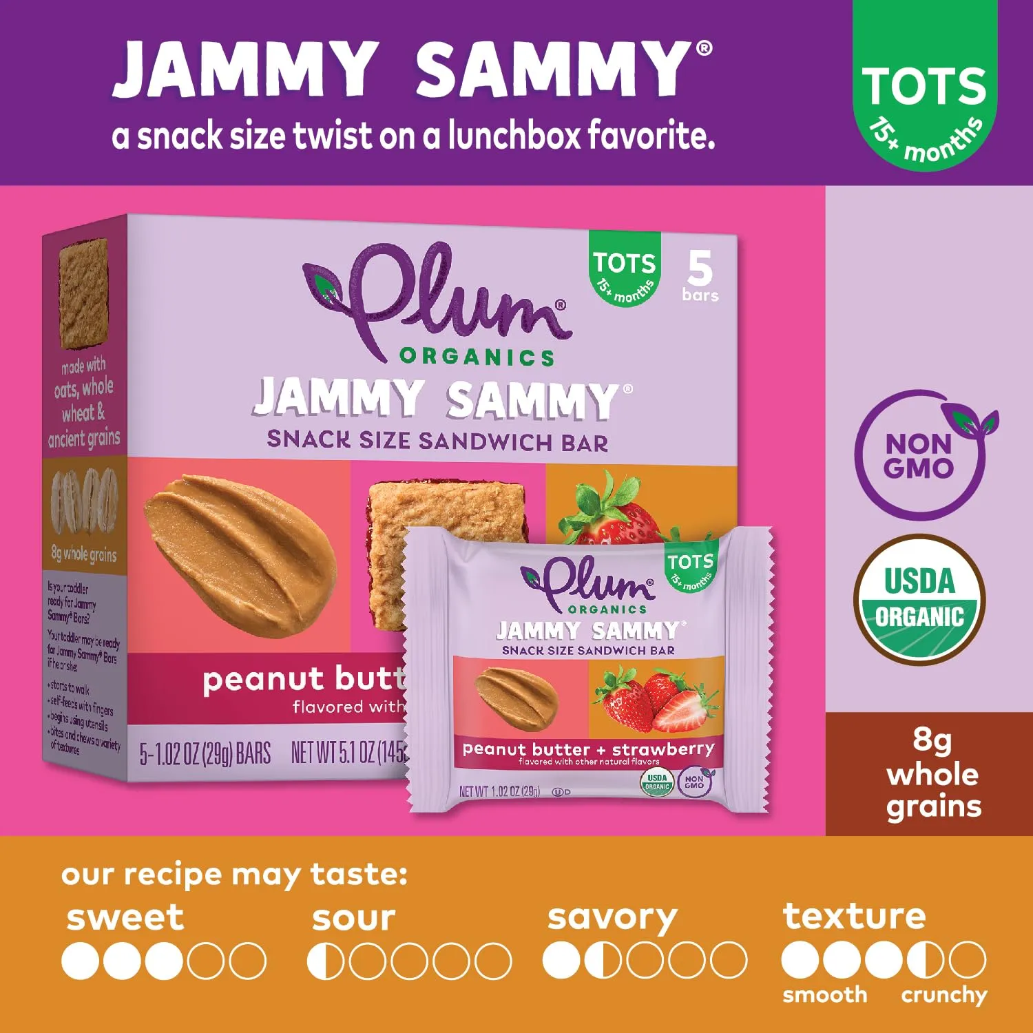 Plum Organics Jammy Sammy Snack Bars - Peanut Butter and Strawberry - 1.02 oz Bars (Pack of 30) - Organic Toddler Food Snack Bars