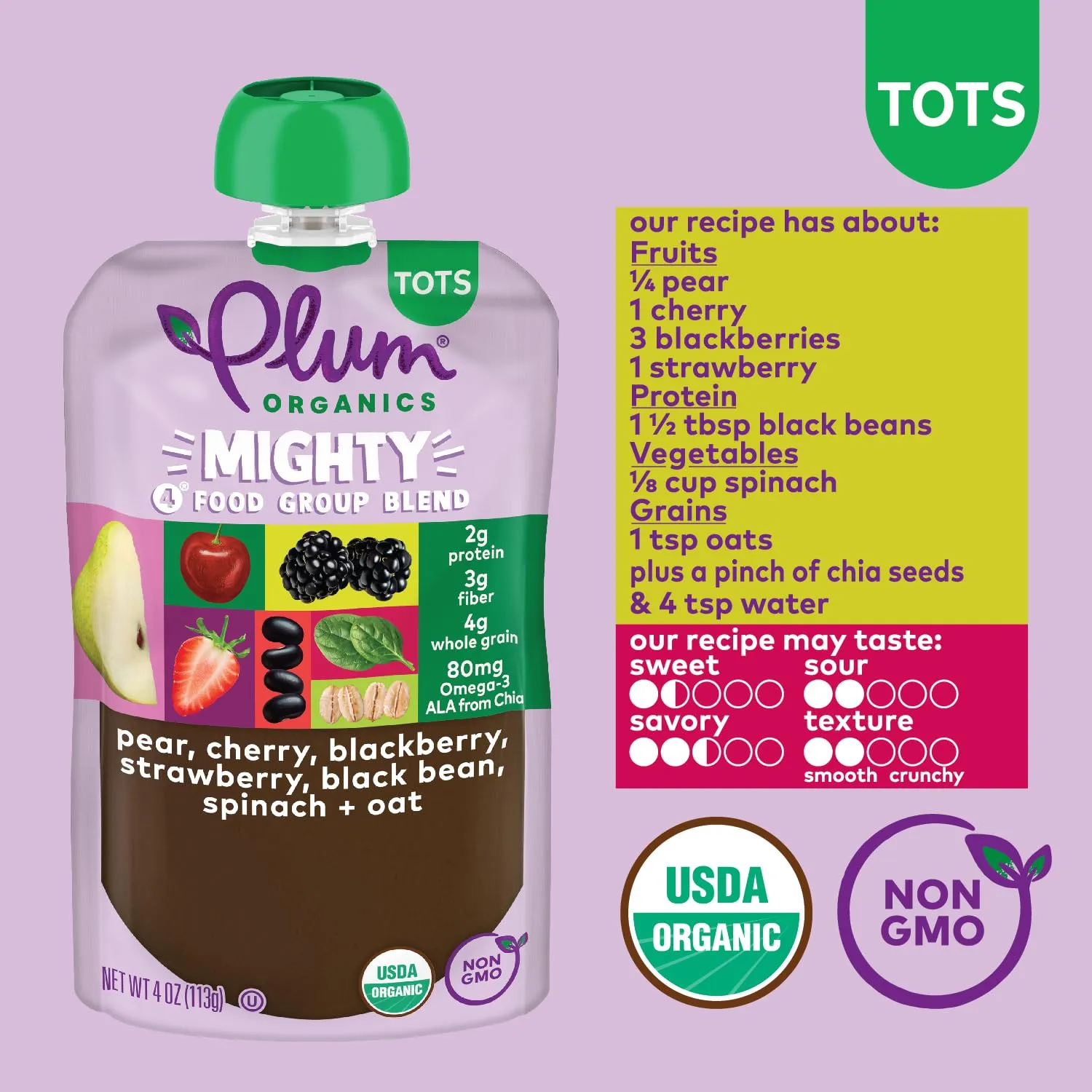 Plum Organics Mighty 4 Organic Toddler Food - Pear, Cherry, Blackberry, Strawberry, Black Bean, Spinach, and Oat - 4 oz Pouch (Pack of 12) - Organic Fruit and Vegetable Toddler Food Pouch
