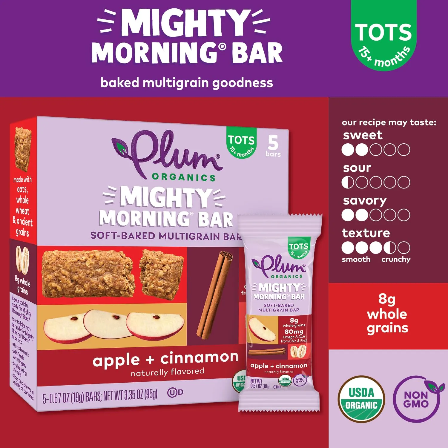 Plum Organics Mighty Morning Bars - Apple and Cinnamon - 0.67 oz Bars (Pack of 40) - Organic Toddler Food Multigrain Snack Bars