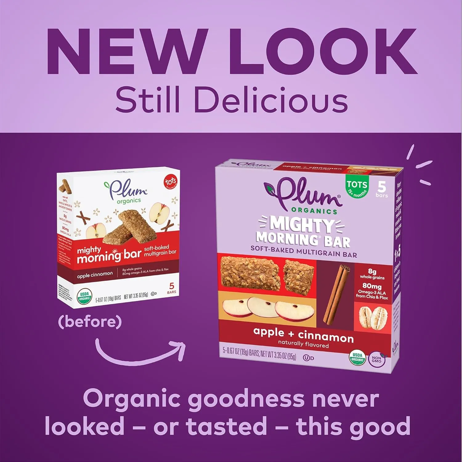 Plum Organics Mighty Morning Bars - Apple and Cinnamon - 0.67 oz Bars (Pack of 40) - Organic Toddler Food Multigrain Snack Bars