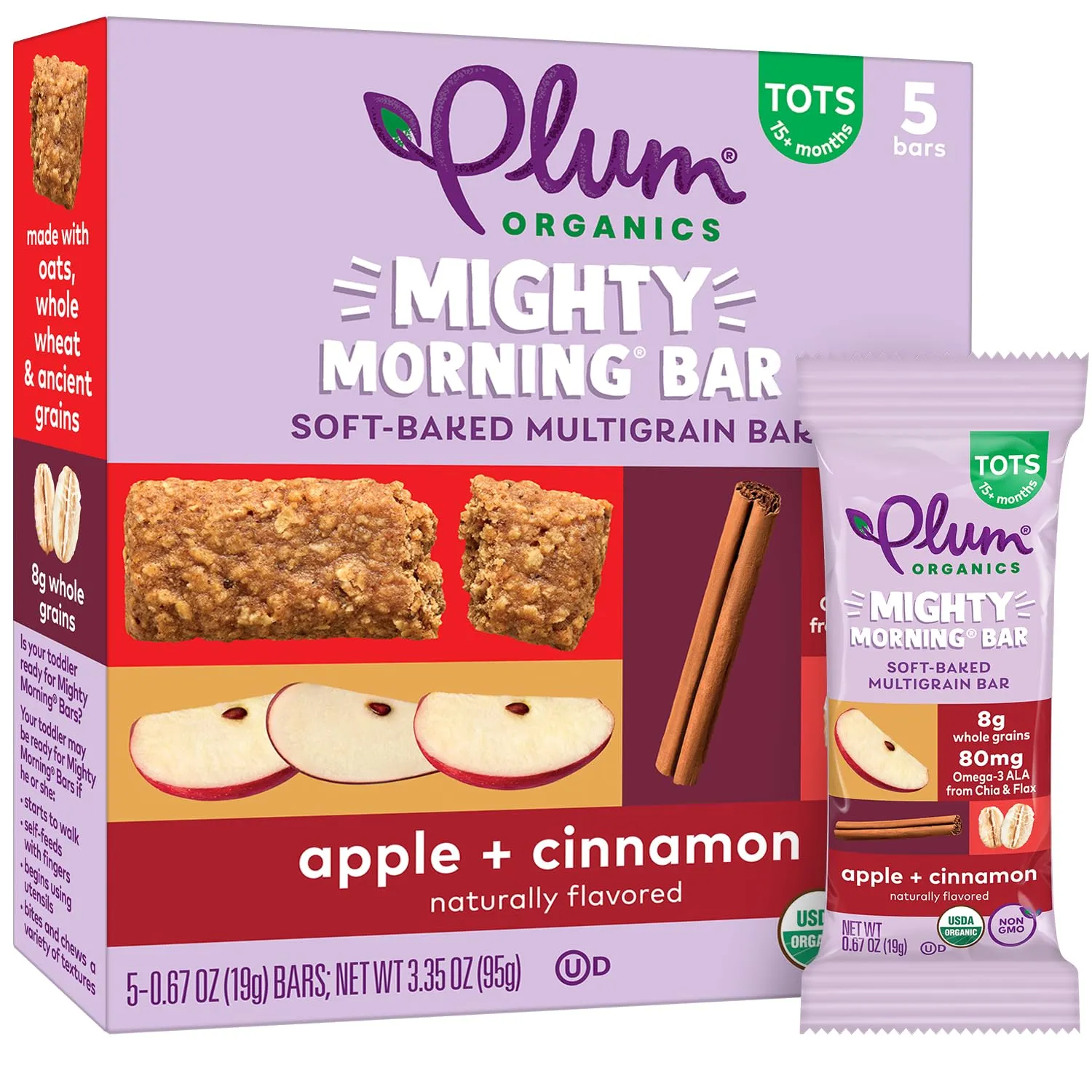 Plum Organics Mighty Morning Bars - Apple and Cinnamon - 0.67 oz Bars (Pack of 40) - Organic Toddler Food Multigrain Snack Bars