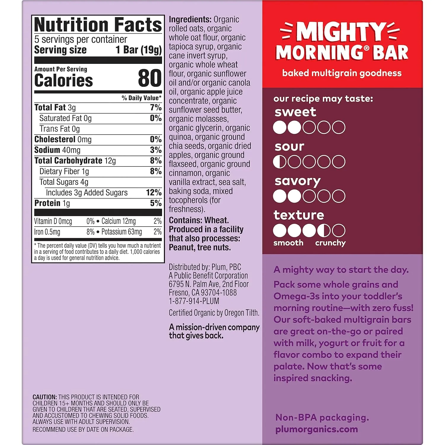 Plum Organics Mighty Morning Bars - Apple and Cinnamon - 0.67 oz Bars (Pack of 40) - Organic Toddler Food Multigrain Snack Bars