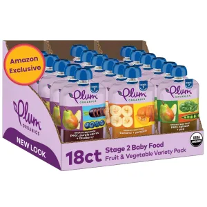 Plum Organics Stage 2 Organic Baby Food - Fruit and Veggie Variety Pack - 4 oz Pouch (Pack of 18) - Organic Fruit and Vegetable Baby Food Pouch