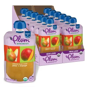 Plum Organics Stage 2 Organic Baby Food - Pear and Mango - 4 oz Pouch (Pack of 12) - Organic Fruit and Vegetable Baby Food Pouch