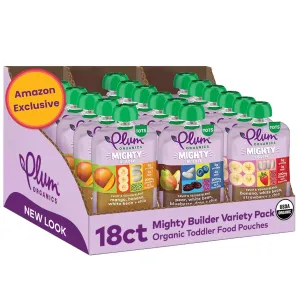 Plum Organics Stage 4 Variety Pack – Toddler’s Flavor Expedition – Mighty Builder Organic Fruit & Veggie Pouches – 4 oz Pouch, Pack of 18 (Amazon Exclusive)