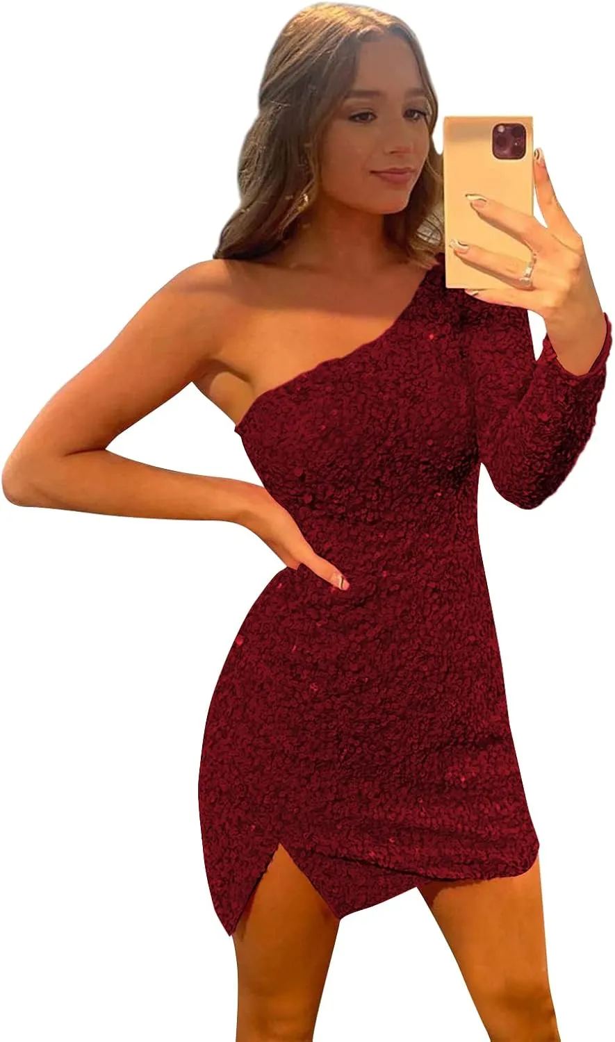 POMUYOO Women's One Shoulder Homecoming Dresses for Teens 2025 Sparkly Short Long Sleeve Sequin Cocktial Gown