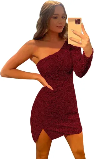 POMUYOO Women's One Shoulder Homecoming Dresses for Teens 2025 Sparkly Short Long Sleeve Sequin Cocktial Gown