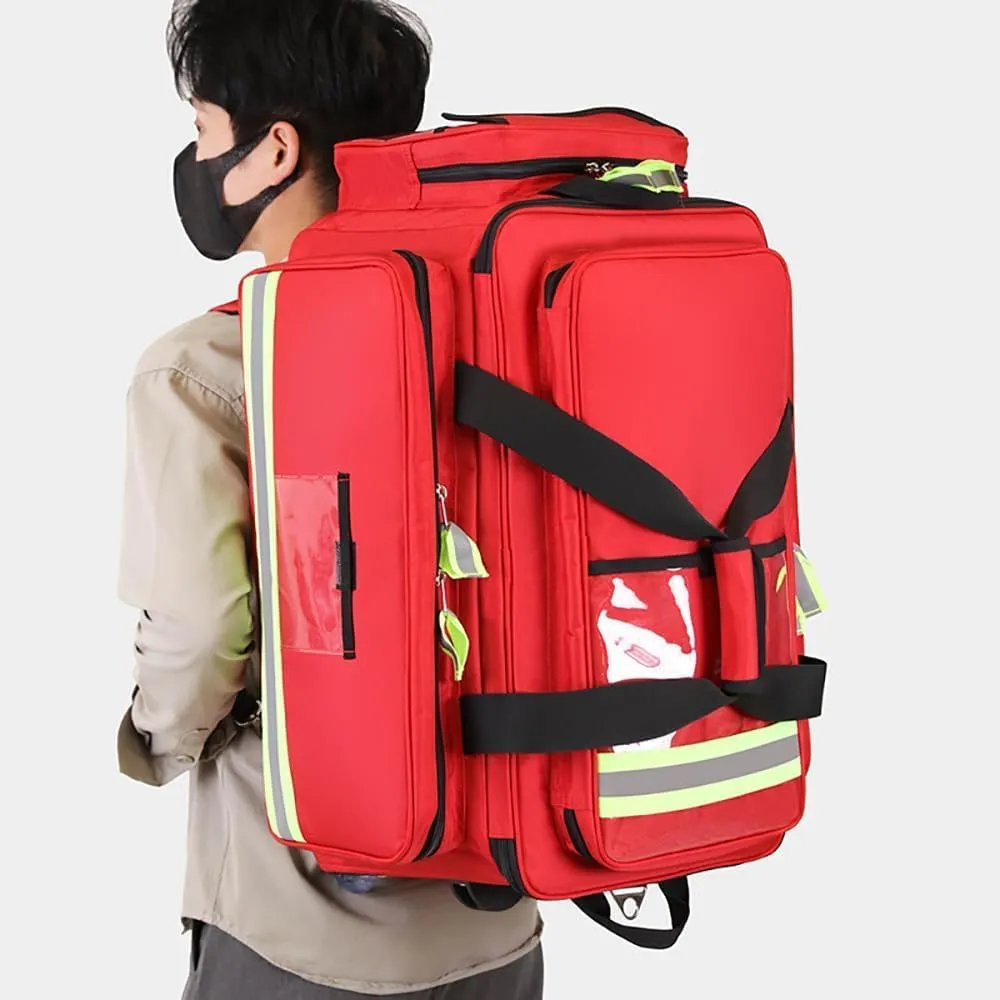 Portable First Aid Kit Bag, Large Capacity Outdoor Emergency Medical Duffle Bag, with Multiple Pockets and Compartments, with Reflective and Wheels, for Community Nursing Paramedics Doctors(Red)