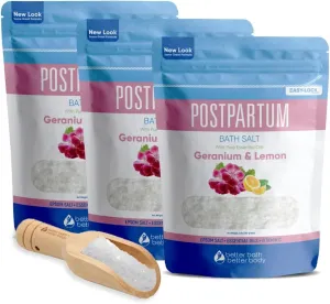 Postpartum Bath Salt (3 Pack with Scoop) Postpartum Bath Soaks USP Grade Epsom Salt with Pure Essential Oils in BPA Free Pouch with Press Lock Seal Made in USA Three 2 Lbs Pouches 6 Lbs Total