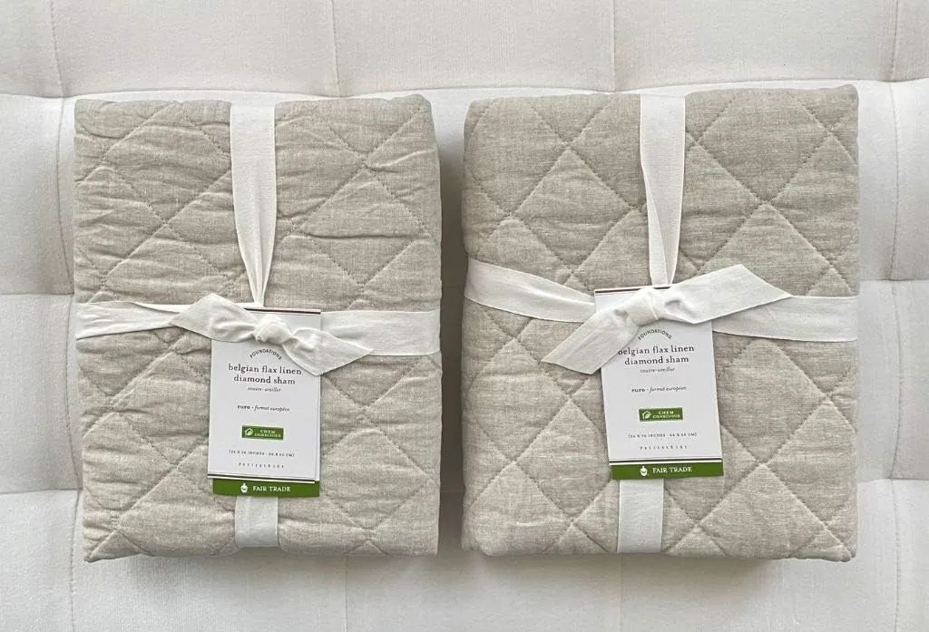 Pottery Barn Belgian Flax Linen Diamond Quilted Euro Shams ~Set of Two~Flax