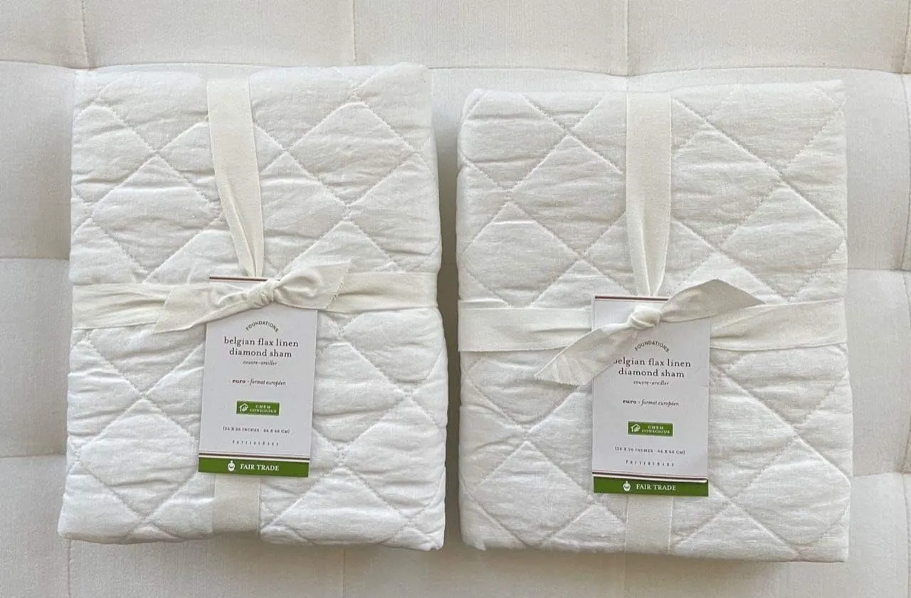 Pottery Barn Belgian Flax Linen Diamond Quilted Euro Shams ~Set of Two~White