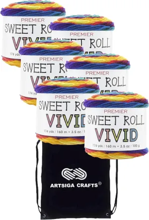 Premier Yarns Sweet Roll Vivid Primary 2100-01 (6-Skeins - Same Dye Lot) Worsted Medium #4 Acrylic Yarn for Crocheting and Knitting with Project Bag