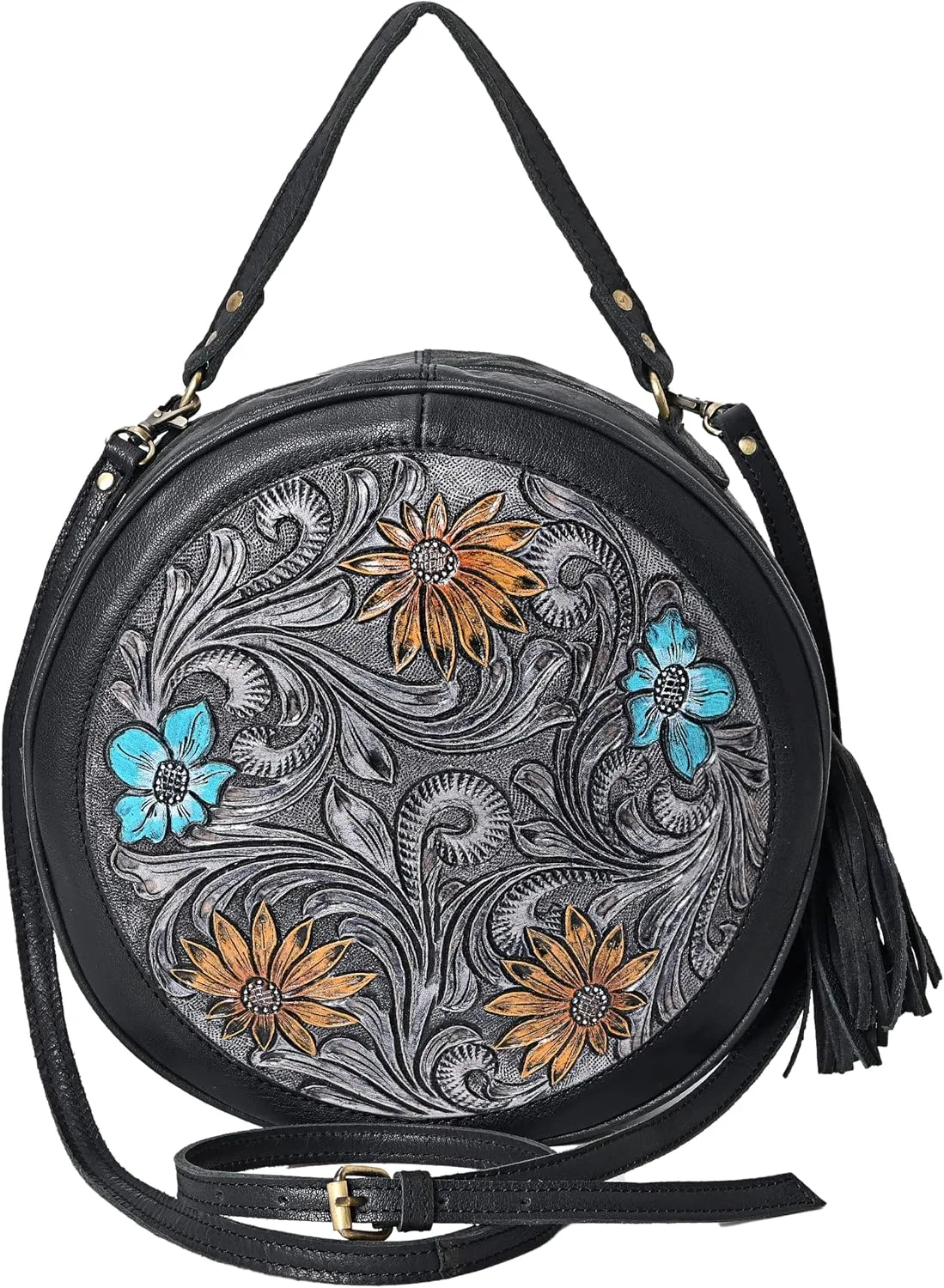 Premium Handtooled Leather Round Western Crossbody Bag Purses For Women