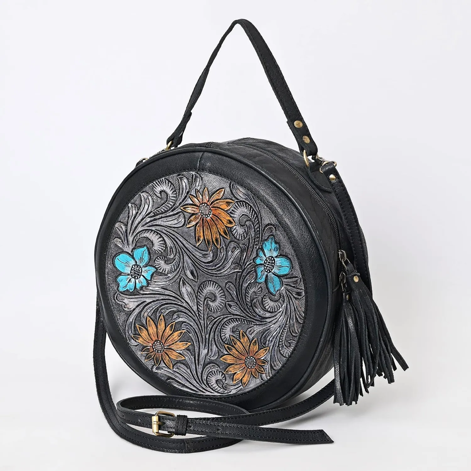 Premium Handtooled Leather Round Western Crossbody Bag Purses For Women