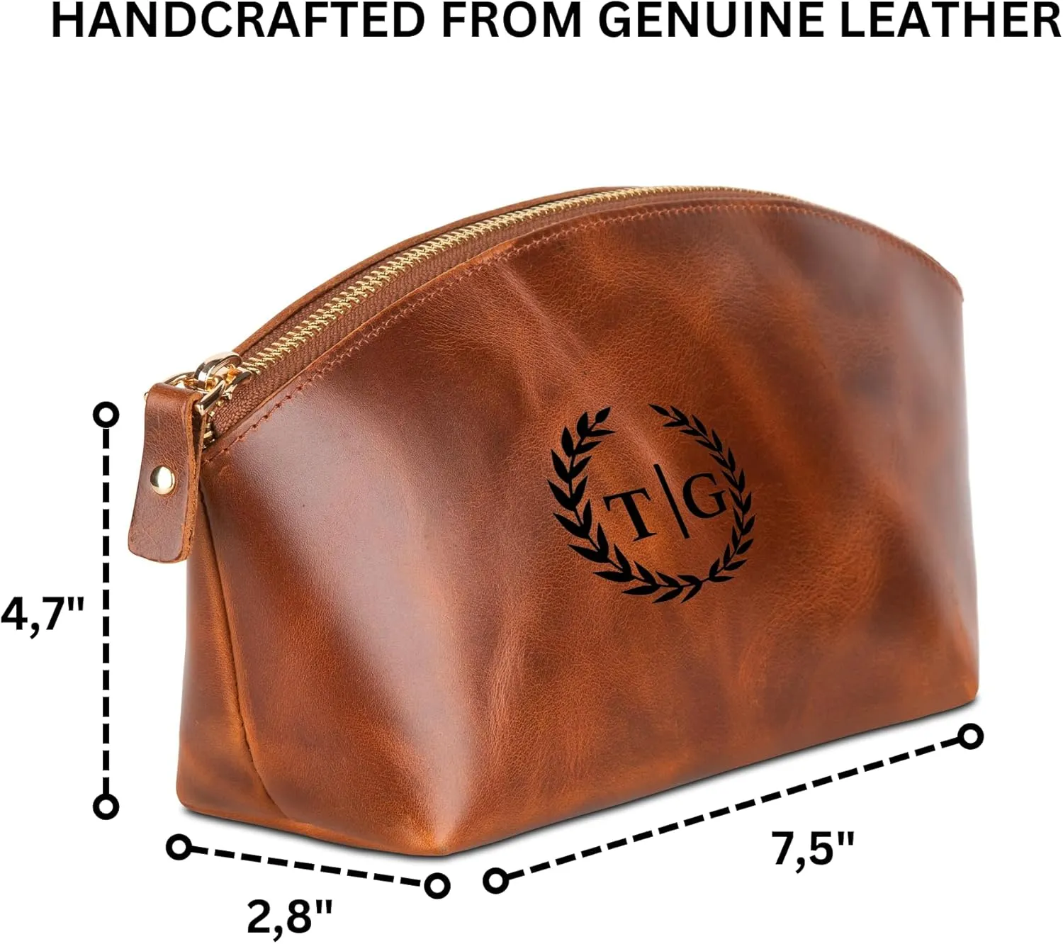 Premium Personalized Genuine Leather Cosmetic Makeup Bag - Wedding Gift for Bridesmaid, Travel Organizer Clutch for Women with Zipper Pouch for Toiletry Essentials (Avanza Rustic)