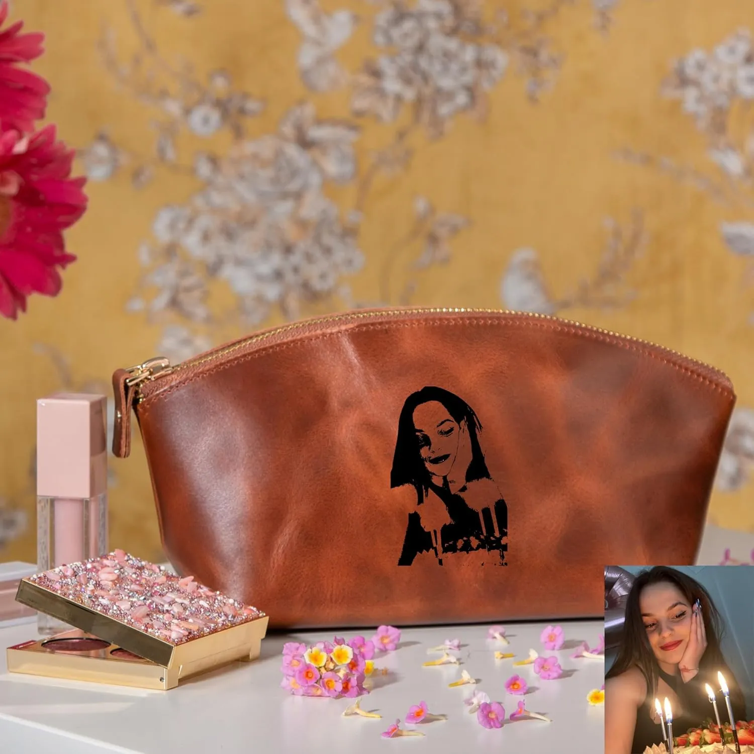 Premium Personalized Genuine Leather Cosmetic Makeup Bag - Wedding Gift for Bridesmaid, Travel Organizer Clutch for Women with Zipper Pouch for Toiletry Essentials (Avanza Rustic)
