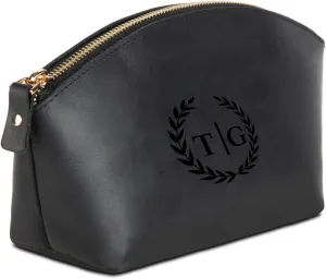 Premium Personalized Genuine Leather Cosmetic Makeup Bag - Wedding Gift for Bridesmaid, Travel Organizer Clutch for Women with Zipper Pouch for Toiletry Essentials (Black)