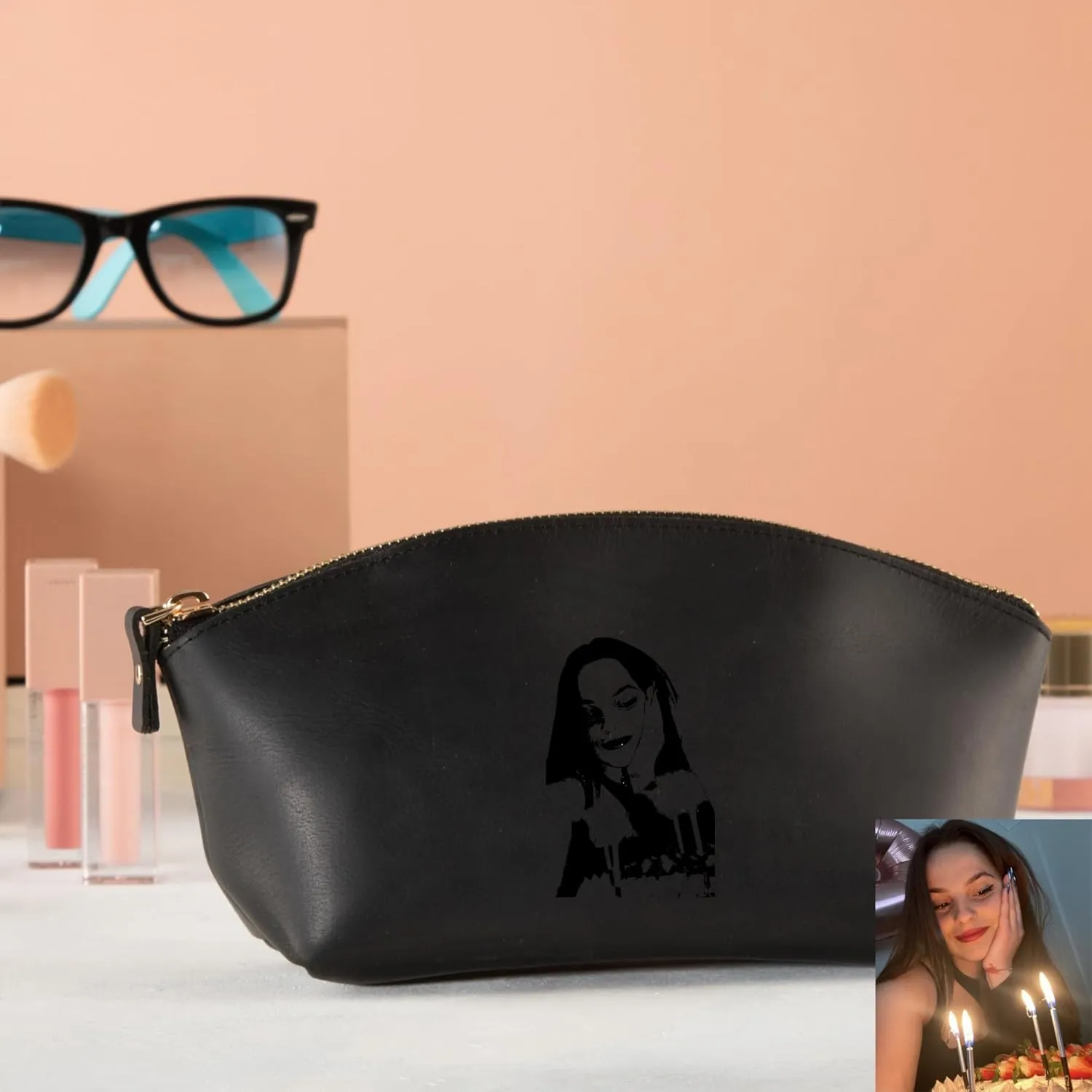 Premium Personalized Genuine Leather Cosmetic Makeup Bag - Wedding Gift for Bridesmaid, Travel Organizer Clutch for Women with Zipper Pouch for Toiletry Essentials (Black)