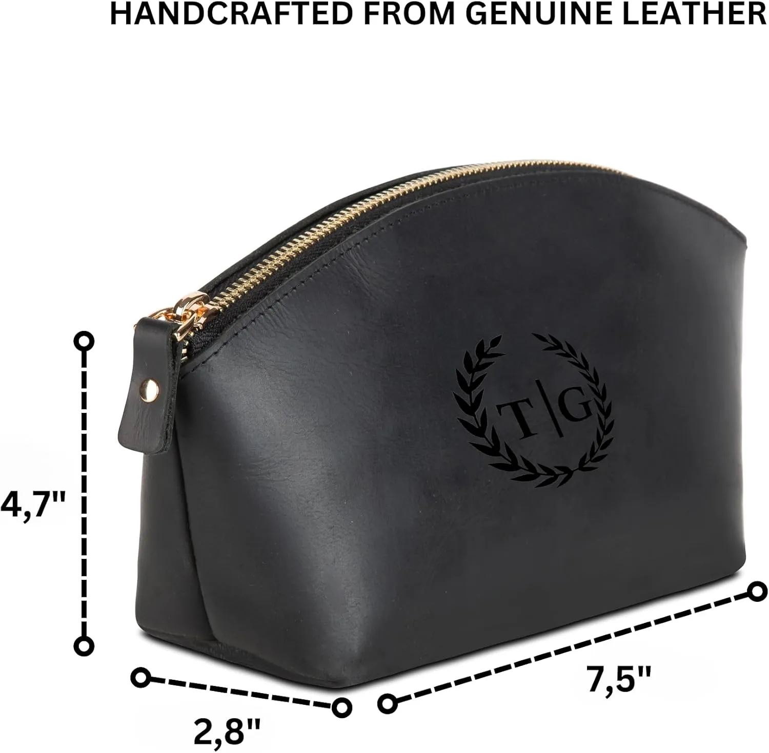 Premium Personalized Genuine Leather Cosmetic Makeup Bag - Wedding Gift for Bridesmaid, Travel Organizer Clutch for Women with Zipper Pouch for Toiletry Essentials (Black)