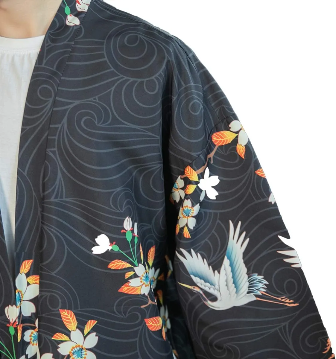 PRIJOUHE Men's Kimono Cardigan Jacket Japanese Style Flying Crane Seven Sleeves Open Front Coat