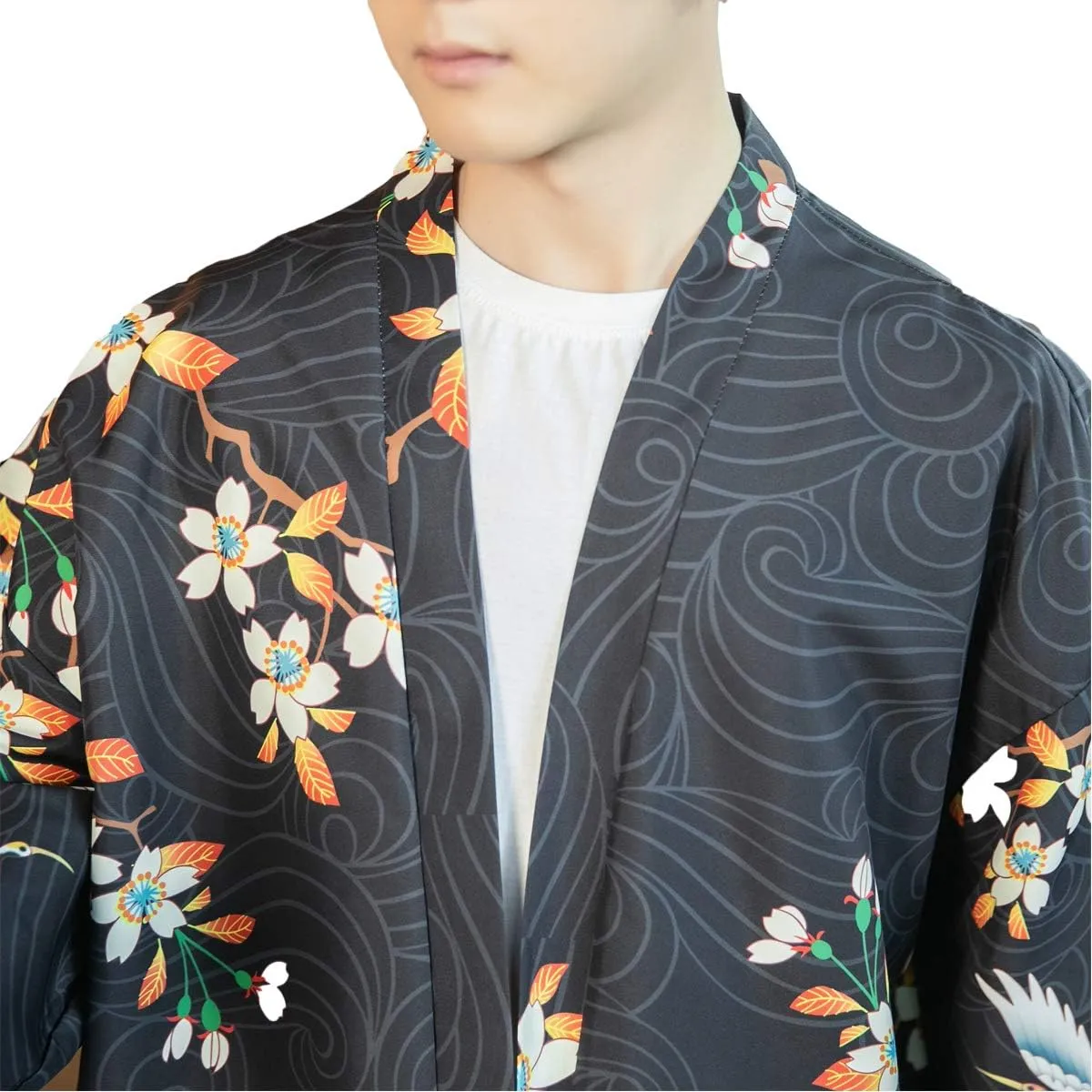 PRIJOUHE Men's Kimono Cardigan Jacket Japanese Style Flying Crane Seven Sleeves Open Front Coat