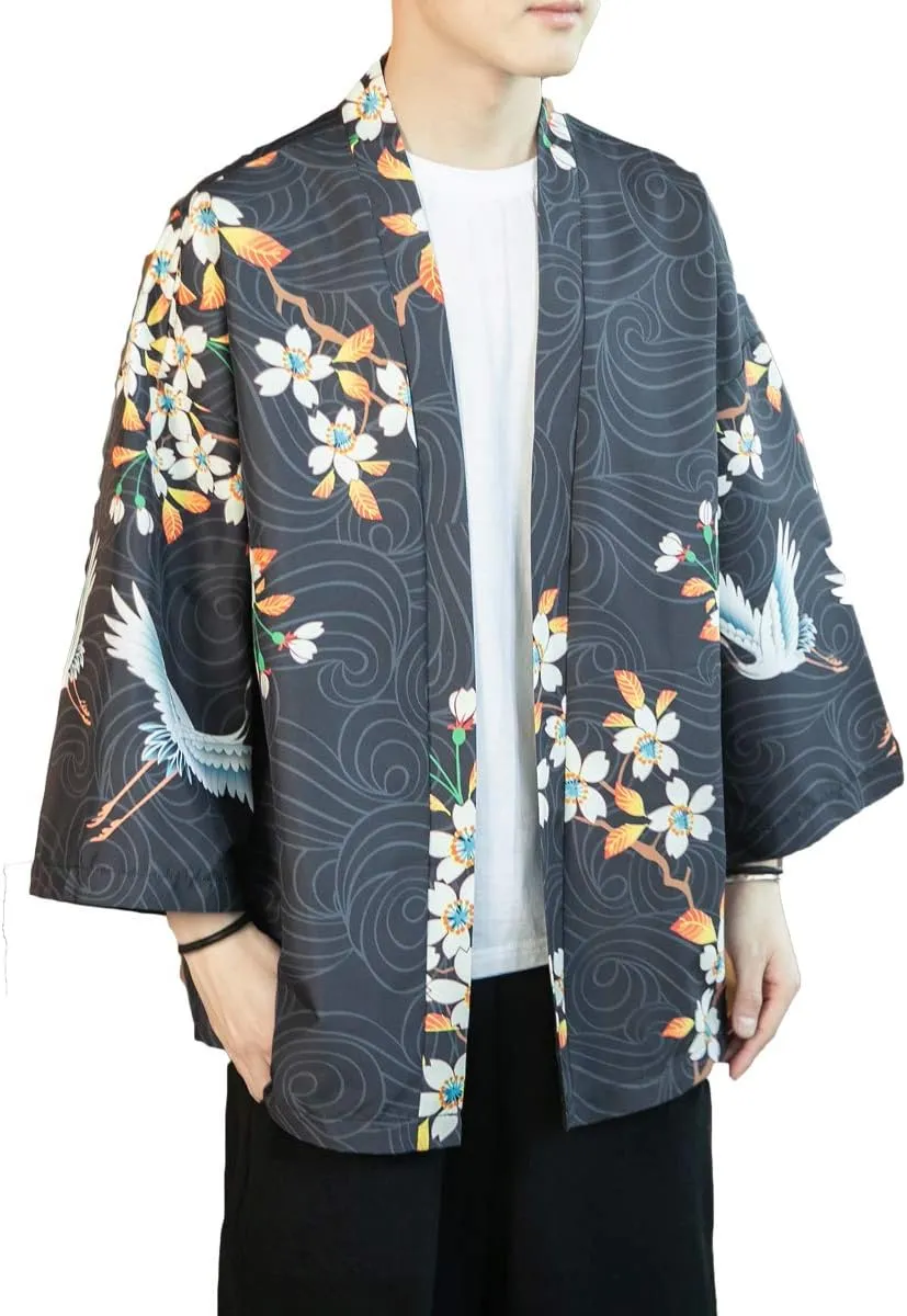 PRIJOUHE Men's Kimono Cardigan Jacket Japanese Style Flying Crane Seven Sleeves Open Front Coat