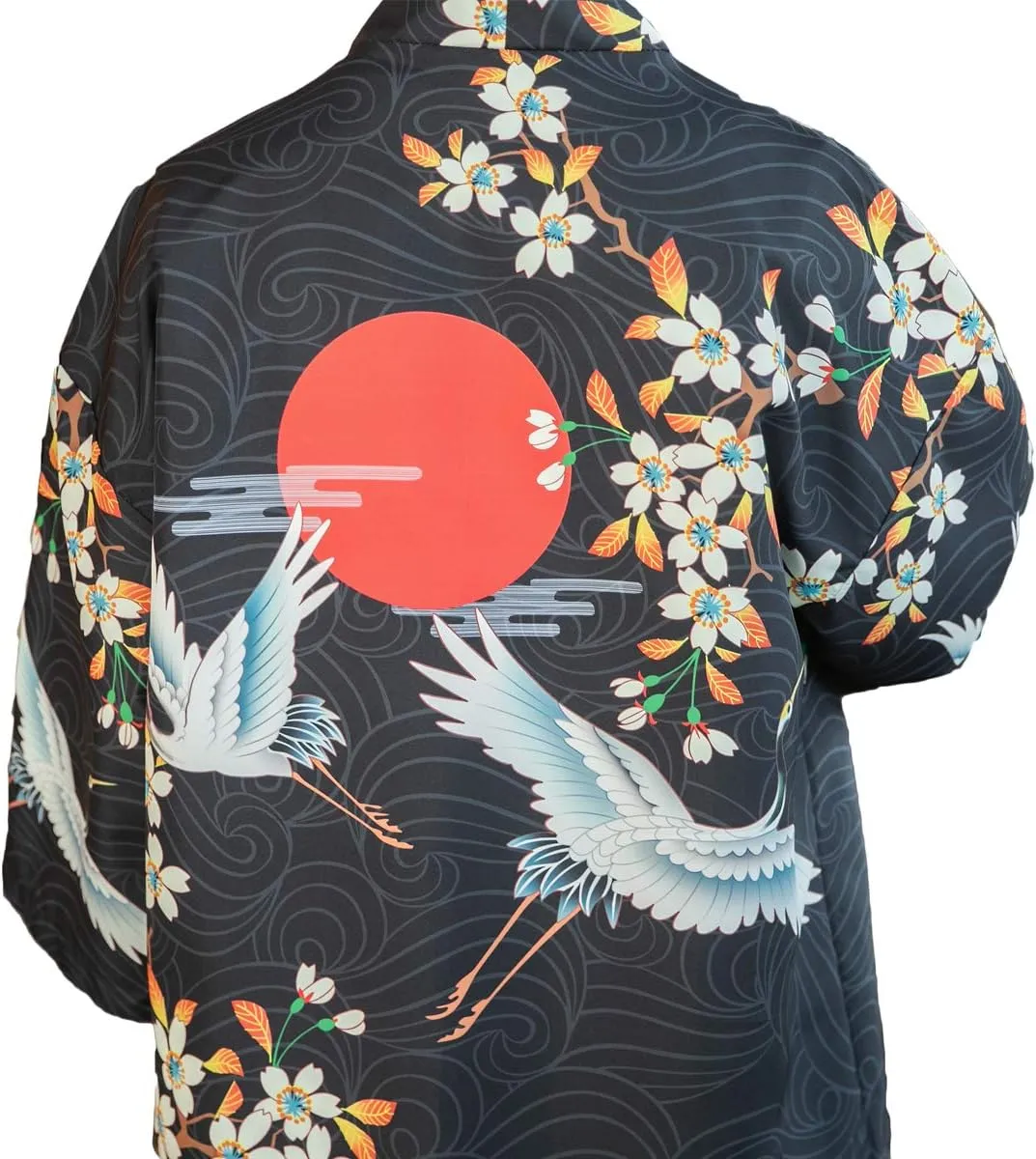 PRIJOUHE Men's Kimono Cardigan Jacket Japanese Style Flying Crane Seven Sleeves Open Front Coat