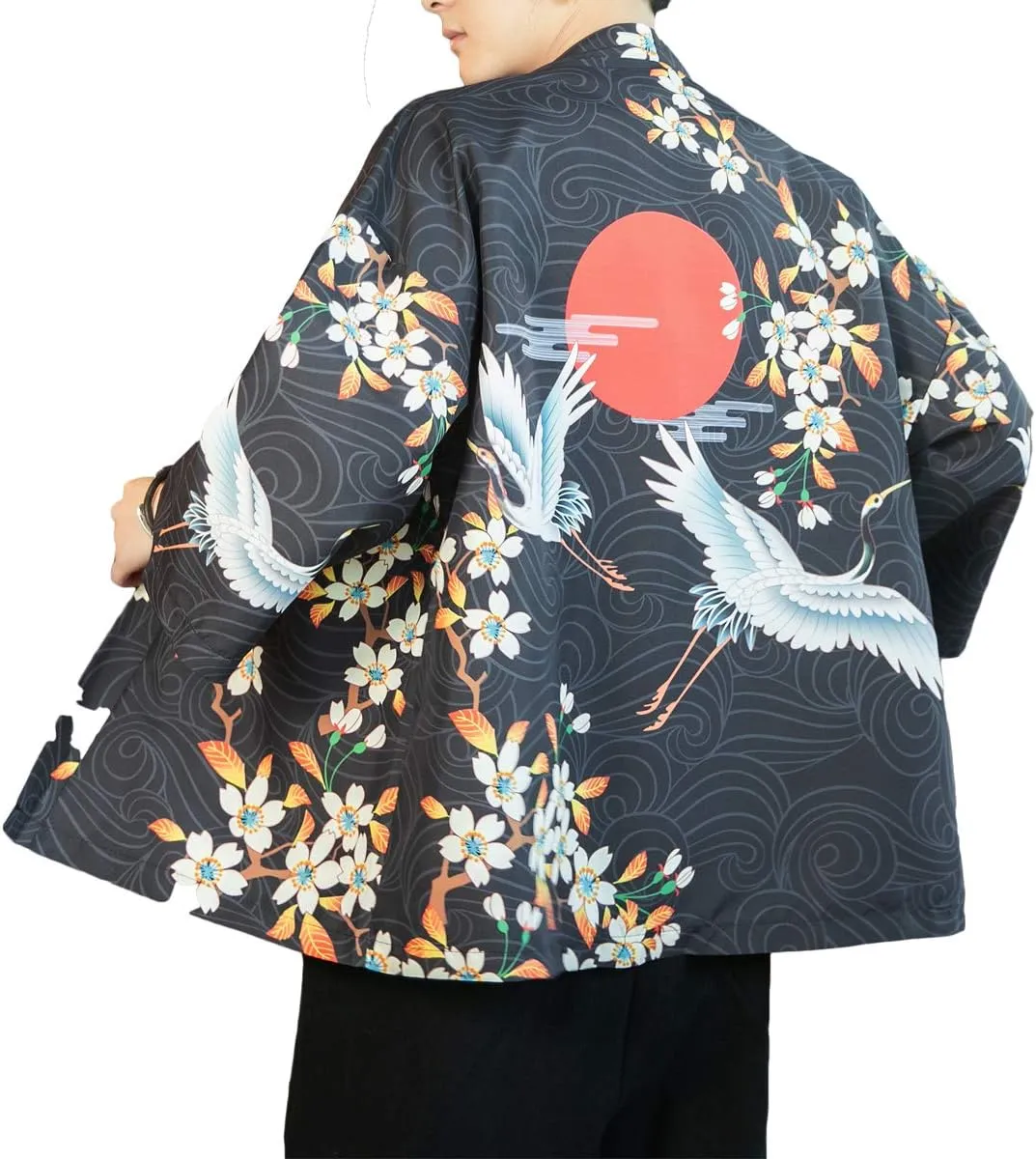 PRIJOUHE Men's Kimono Cardigan Jacket Japanese Style Flying Crane Seven Sleeves Open Front Coat