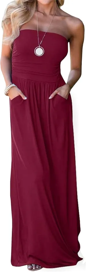 PRIMODA Womens Strapless Tube Top Maxi Dress Floral Boho Beach Dress with Pockets