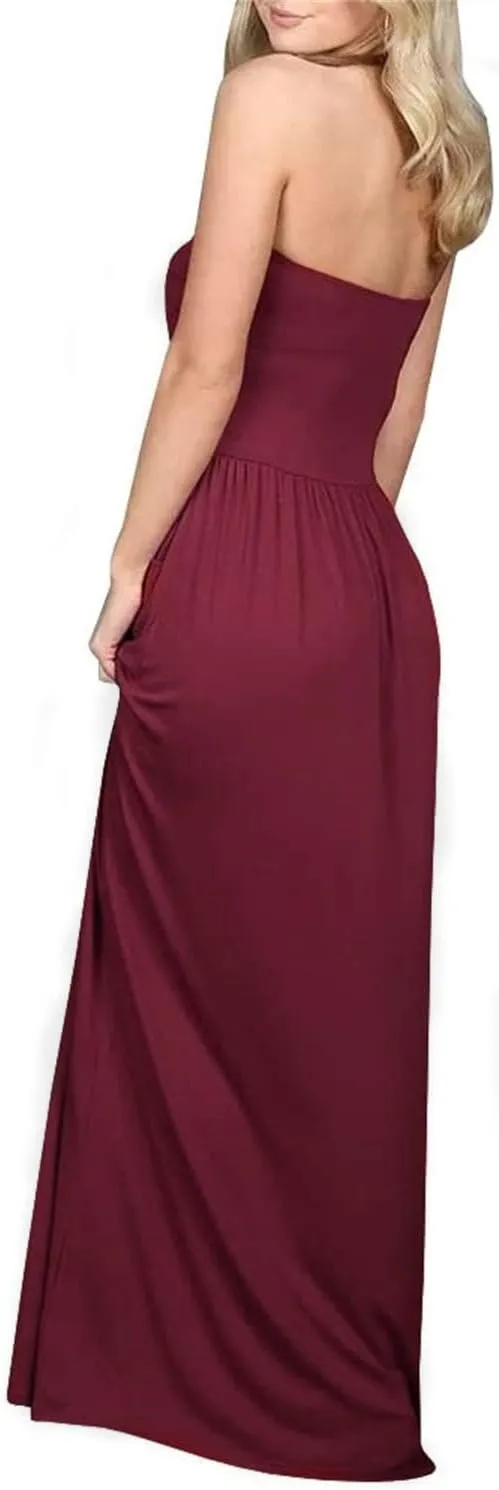 PRIMODA Womens Strapless Tube Top Maxi Dress Floral Boho Beach Dress with Pockets
