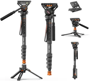 Professional Camera Monopod with Feet, 73.2 inch Aluminum Portable Travel Video Monopod with Removable Tripod Stand Base, Max Load 22 Lbs, New Q6 Fluid Head for DJI RS4 Manfrotto