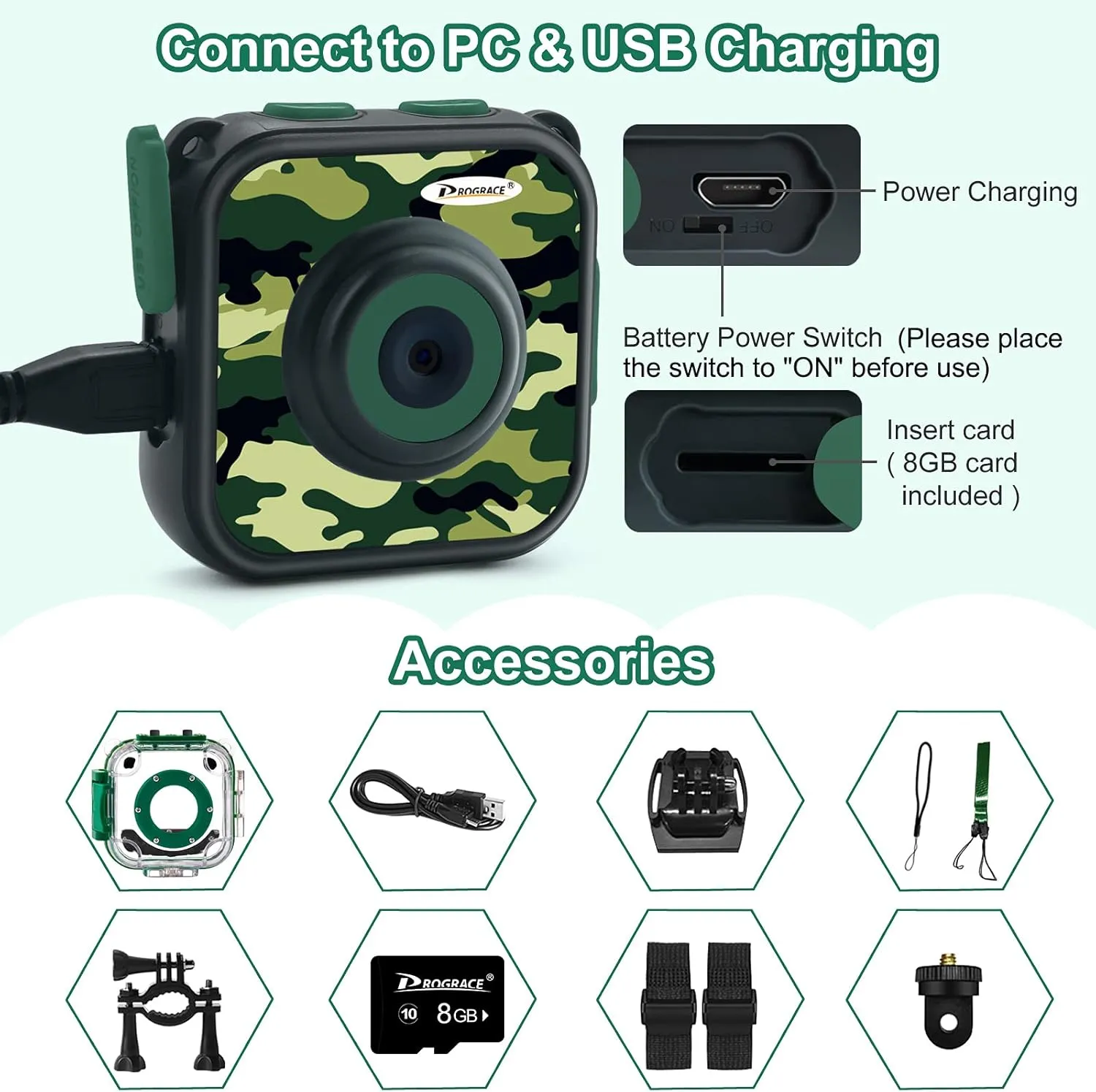 PROGRACE Waterproof Camera for Kids - Children Digital Video Cameras Underwater Camera 1080P Toddler Sports Cameras for Boys Birthday Cámara Pool Toys Age 3 4 5 6 7 8 9 10 11 12
