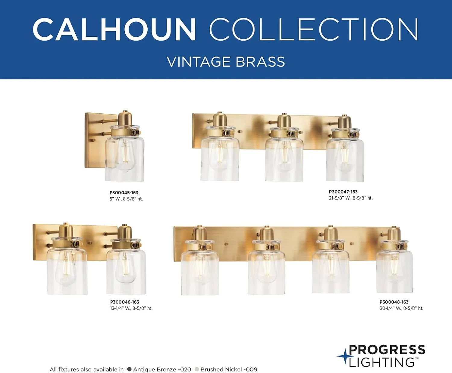 Progress Lighting P300047-163 Calhoun Collection Clear Glass Farmhouse Bath Vanity Light, 3-Light, Vintage Brass