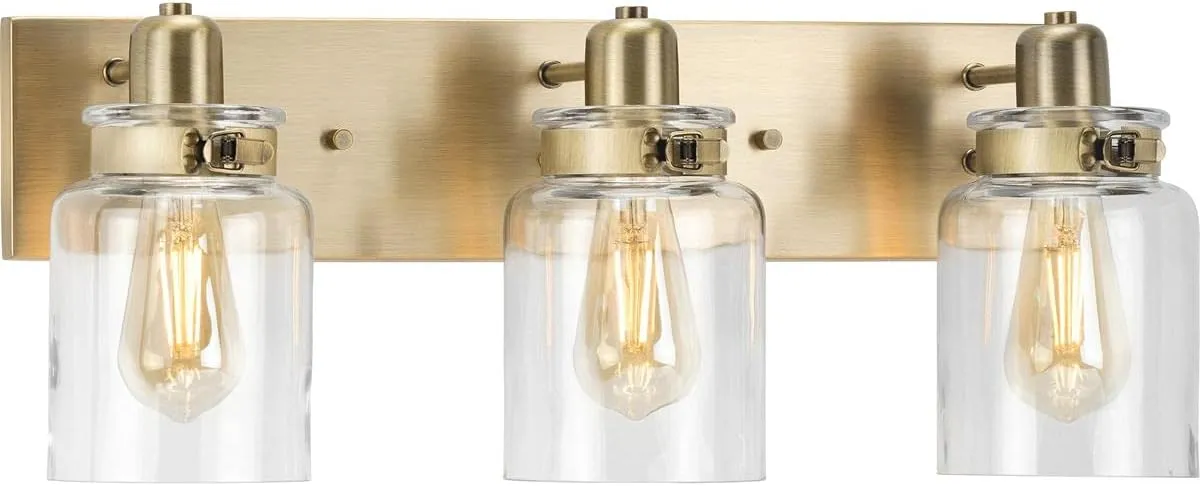 Progress Lighting P300047-163 Calhoun Collection Clear Glass Farmhouse Bath Vanity Light, 3-Light, Vintage Brass