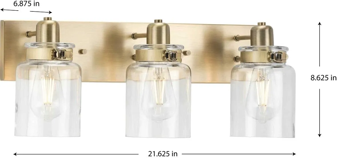 Progress Lighting P300047-163 Calhoun Collection Clear Glass Farmhouse Bath Vanity Light, 3-Light, Vintage Brass