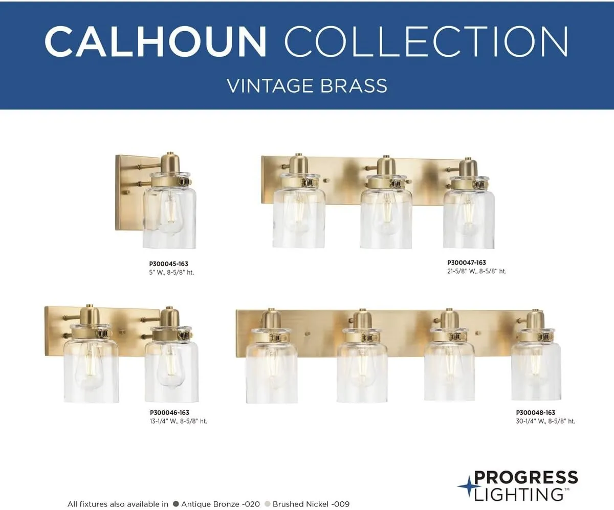 Progress Lighting P300047-163 Calhoun Collection Clear Glass Farmhouse Bath Vanity Light, 3-Light, Vintage Brass