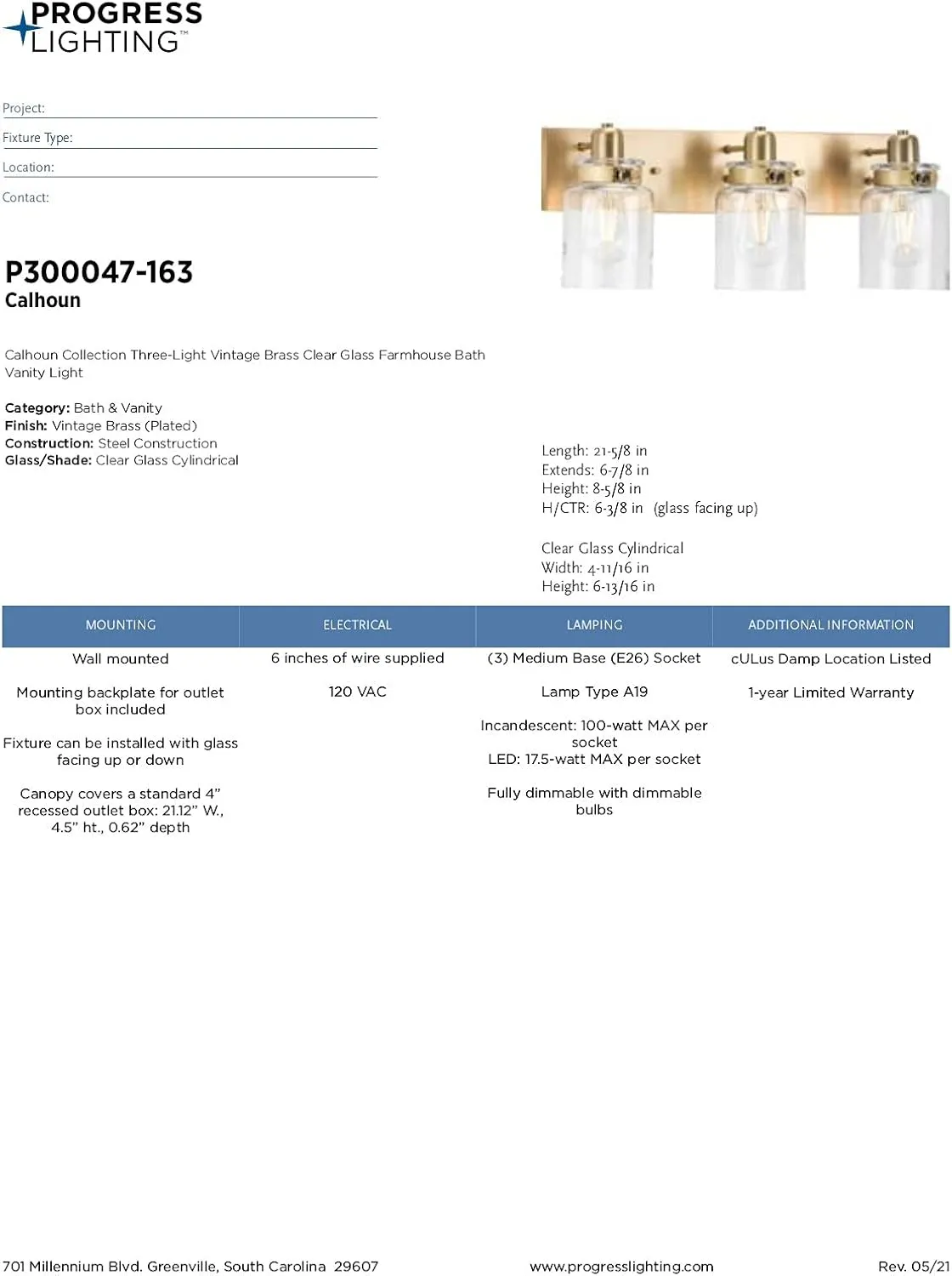 Progress Lighting P300047-163 Calhoun Collection Clear Glass Farmhouse Bath Vanity Light, 3-Light, Vintage Brass
