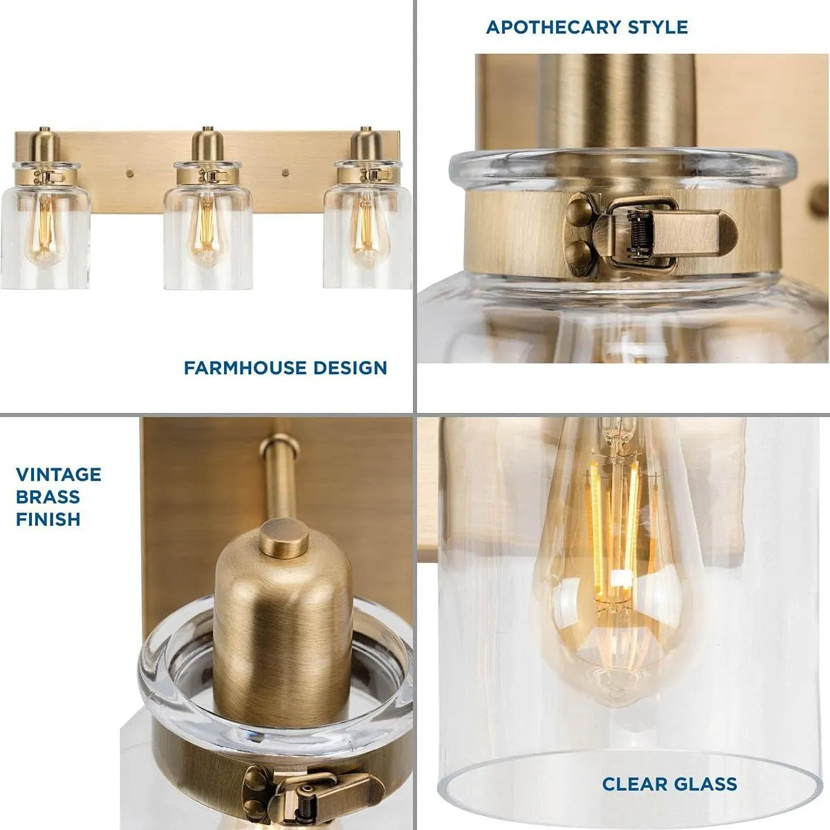 Progress Lighting P300047-163 Calhoun Collection Clear Glass Farmhouse Bath Vanity Light, 3-Light, Vintage Brass