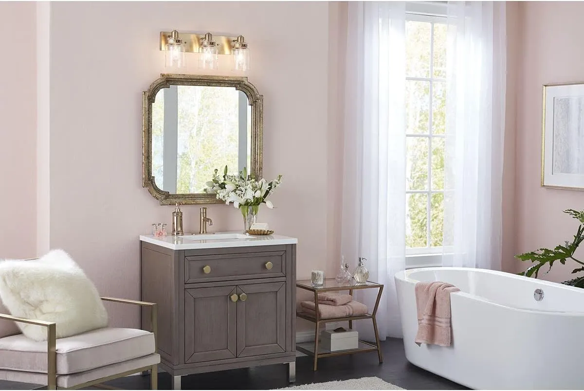 Progress Lighting P300047-163 Calhoun Collection Clear Glass Farmhouse Bath Vanity Light, 3-Light, Vintage Brass