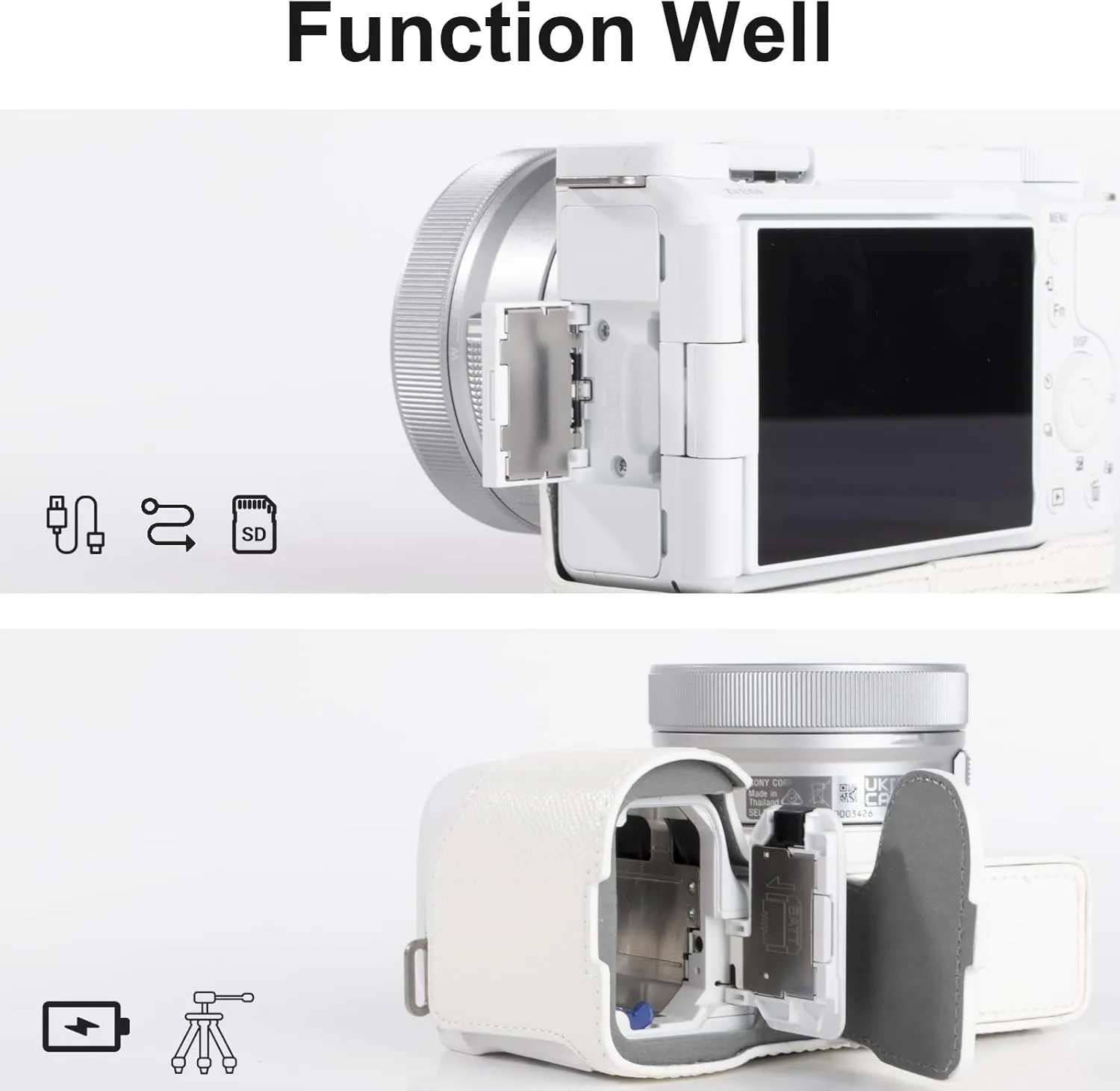 Protective Camera Case Kit for Sony ZV-E10 II Mirrorless Camera,For Sony ZVE10II Half Case ZV-E10II Camera Cover With 16-50MM Front Lens Cap With Shoulder Strap-WHITE