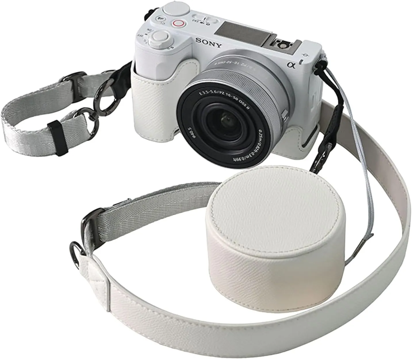 Protective Camera Case Kit for Sony ZV-E10 II Mirrorless Camera,For Sony ZVE10II Half Case ZV-E10II Camera Cover With 16-50MM Front Lens Cap With Shoulder Strap-WHITE